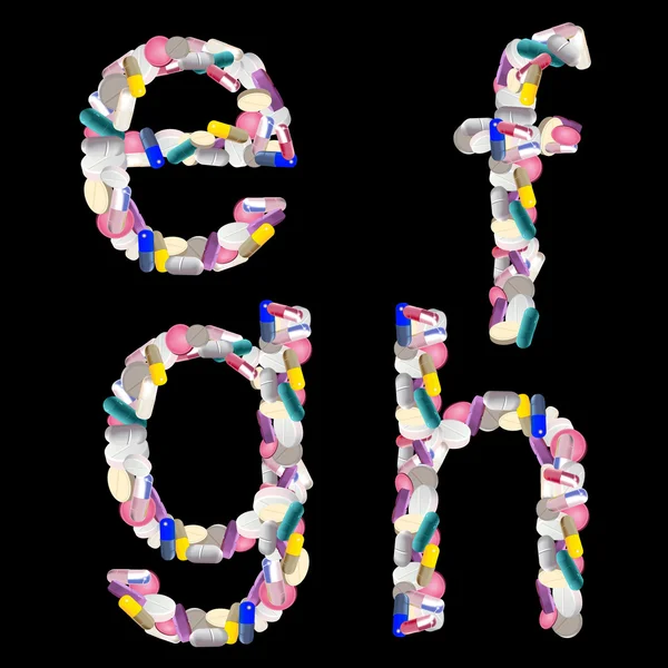 siyah arka plan üzerinde renkli ilaç tablet ve hapları alfabe harfler