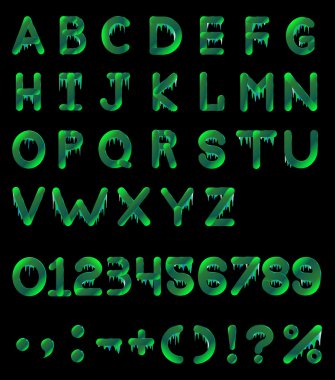 Bir siyah arka plan yeşil izole alfabesi harfleri