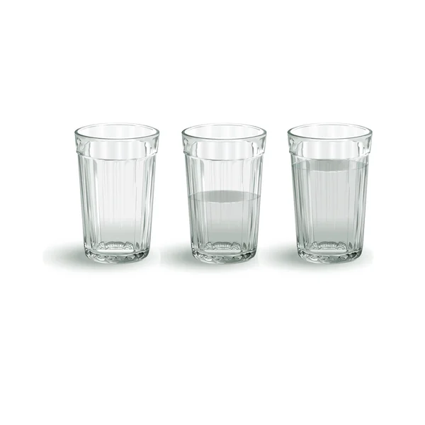 Trois verre transparent à facettes avec de l'eau sur fond blanc — Image vectorielle