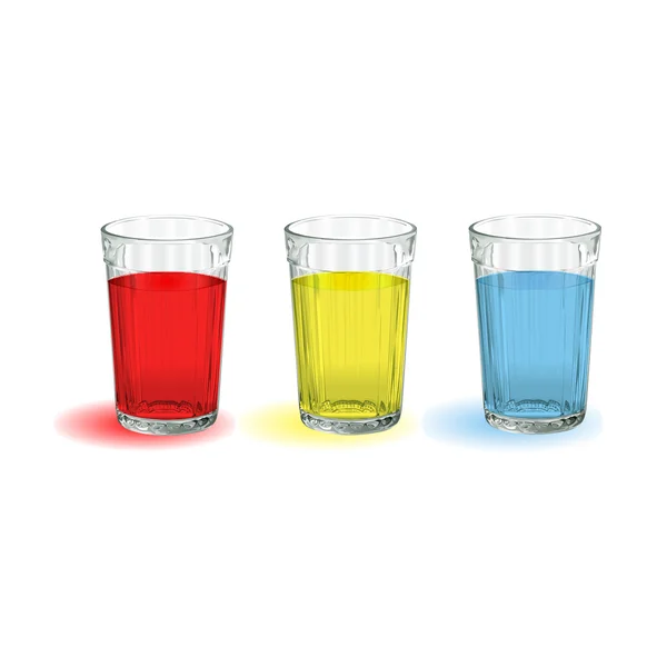 Tres vasos de azul amarillo rojo transparente sobre un fondo blanco — Vector de stock