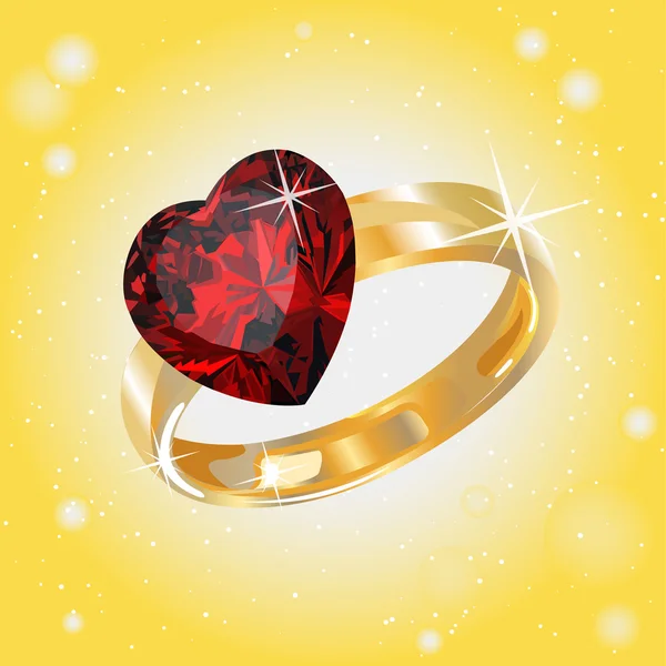 Zlatý prsten rubín srdce na Valentýna — Stockový vektor