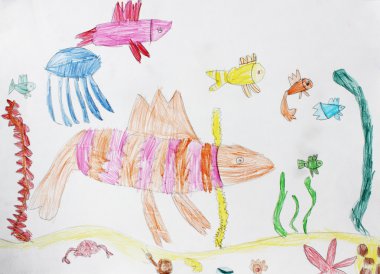 Çocuk çizim Beyaz Kağıt boyalar ve kalem illüstrasyon