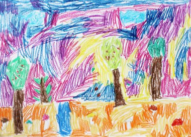 Çocuk çizim Beyaz Kağıt boyalar ve kalem illüstrasyon