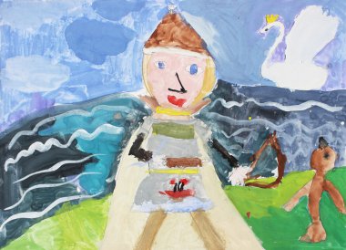 Çocuk çizim Beyaz Kağıt boyalar ve kalem illüstrasyon