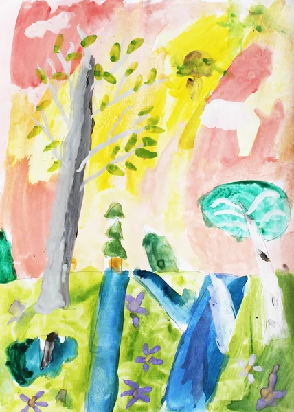 Çocuk çizim Beyaz Kağıt boyalar ve kalem illüstrasyon