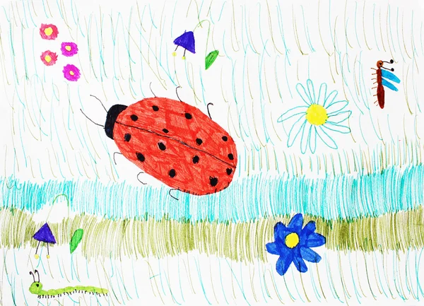 Çocuk çizim Beyaz Kağıt boyalar ve kalem illüstrasyon