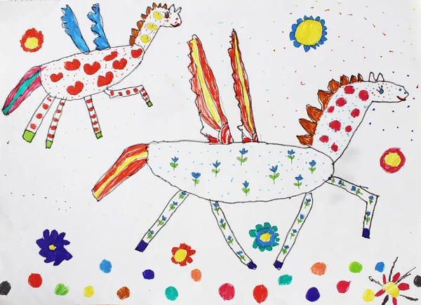 Gökyüzünde uçan çiçekler üzerinde iki güzel Pegasus