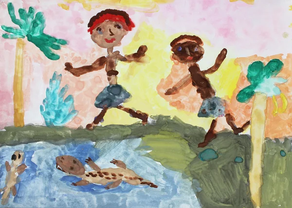 Çocuk çizim Beyaz Kağıt boyalar ve kalem illüstrasyon