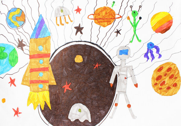 Children's drawing on white paper paints and pencil illustration