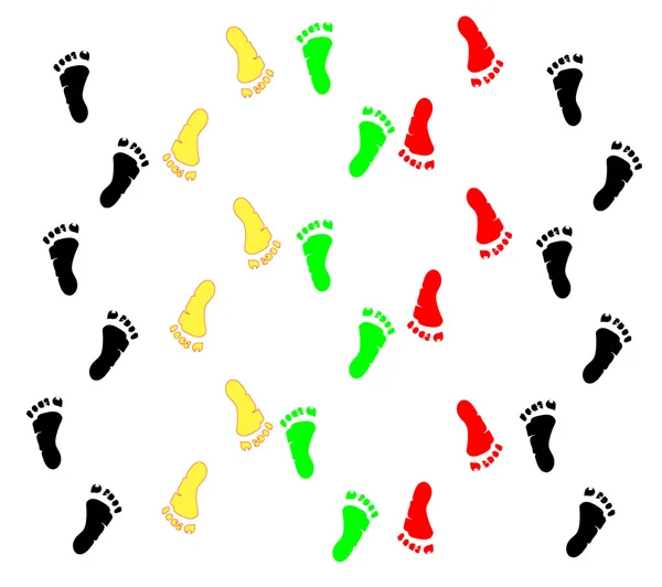 Red yellow green black track footprints on a white background — Stock Vector