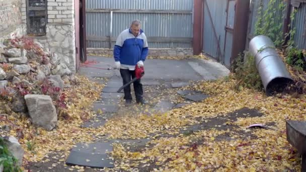 Um homem explode folhas caídas no quintal com um ventilador. Estaleiro russo — Vídeo de Stock