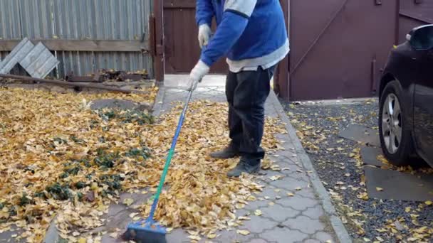 Een man veegt een pad van gevallen bladeren in zijn tuin. Herfst op de Russische werf — Stockvideo