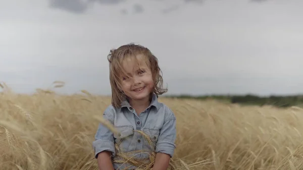 女の子は畑で小麦を評価する — ストック写真