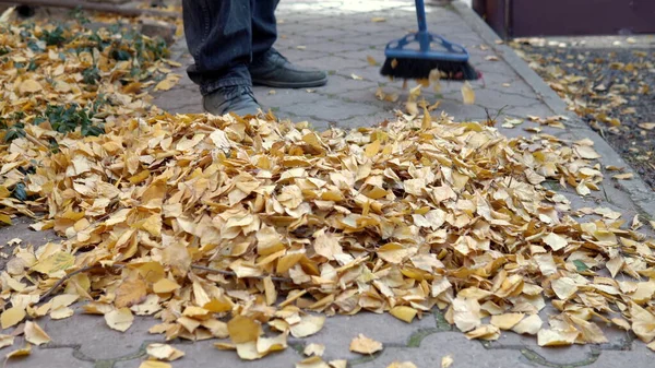 Hombre Está Barriendo Camino Hojas Caídas Patio Otoño Patio Ruso — Foto de Stock