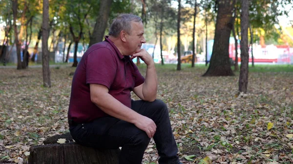 Homem Adulto Senta Toco Árvore Parque Pensa — Fotografia de Stock