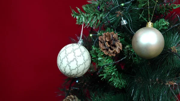 Ball Christmas Toy Patterns Hung Christmas Tree Red Background Close — Stock Photo, Image