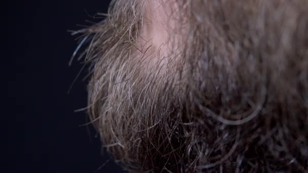Primer plano de un hombre con una barba recortada con un recortador sobre un fondo negro — Vídeo de stock