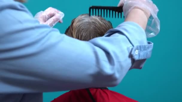 El estilista tiñe el cabello de las mujeres con un cepillo especial. Colorante para el cabello en casa — Vídeos de Stock