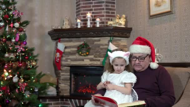 Grand-père dans un chapeau de Père Noël mettre sa petite-fille sur ses genoux et lit un conte de fées près de la cheminée avant Noël. Atmosphère festive avant la nouvelle année — Video