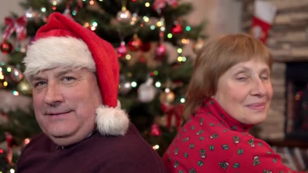 Nonno e nonna fanno un regalo alla nipote che sta dietro di loro sullo sfondo di un albero di Natale — Video Stock
