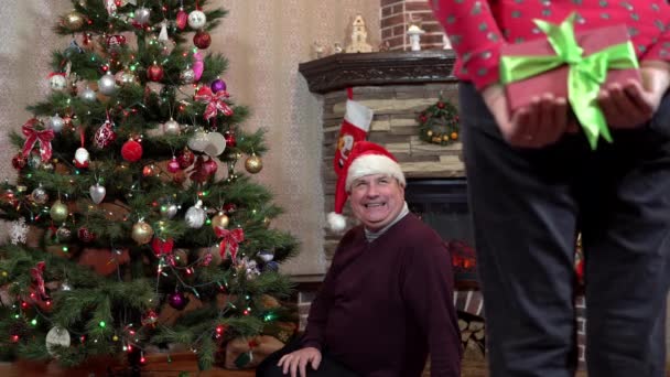 Mężczyzna siedzi koło choinki, a kobieta stoi przed nim i trzyma zapieczętowany prezent świąteczny za plecami. — Wideo stockowe