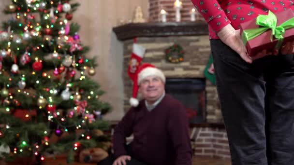 Un homme est assis près d'un arbre de Noël et une femme se tient devant lui et tient un cadeau de Noël scellé derrière son dos — Video