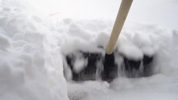 Close-up of a shovel, a man cleans snow with a shovel in his yard. Winter in Russia covered the yard with snow — Stock Video