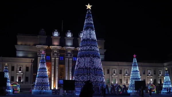 Evening Russia Samara Kuibyshev Square Five Christmas Trees Fully Decorated — Stock Photo, Image