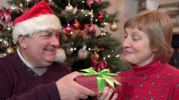 Man Santa Hat Gives Woman Christmas Present Background Christmas Tree — Stock Photo, Image