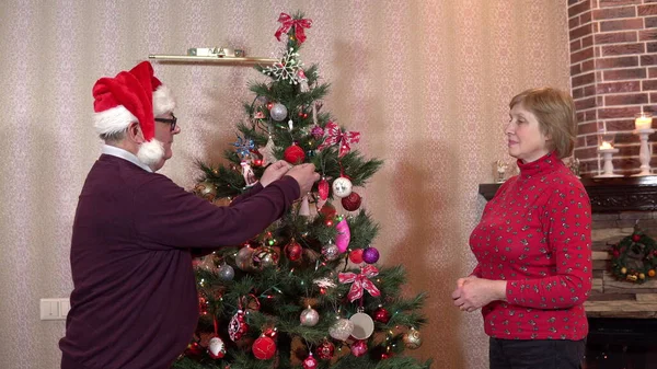 Adult Man Woman Decorate Christmas Tree Preparing New Year Holidays — Stock Photo, Image