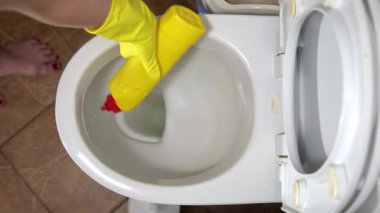 Lastik eldivenli bir ev hanımı klozeti özel bir temizleyici ve fırçayla temizler.