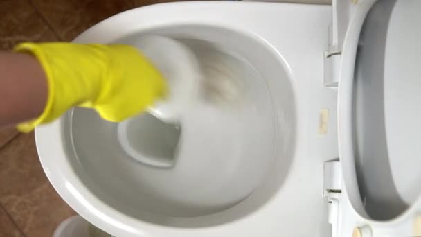 Een huisvrouw in rubberen handschoenen reinigt de toiletpot met een speciale reiniger en een borstel — Stockvideo