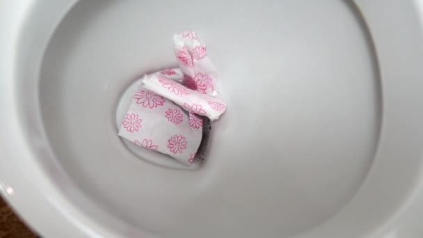 Närbild kasta toalettpapper ner toaletten. Närbild av spolning av toaletten — Stockvideo