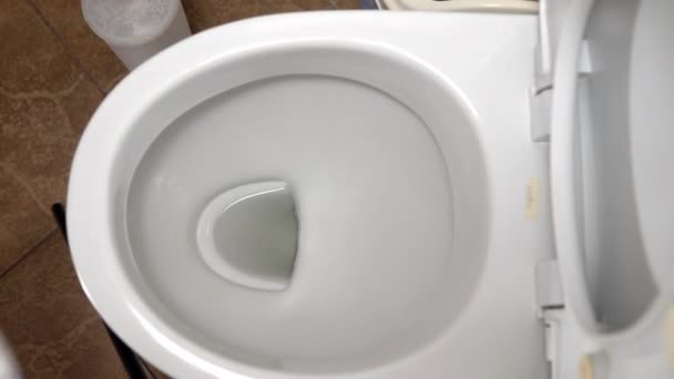 Close-up tossing a dirty baby diaper into the toilet. It clogs the toilet flush — Stock Video