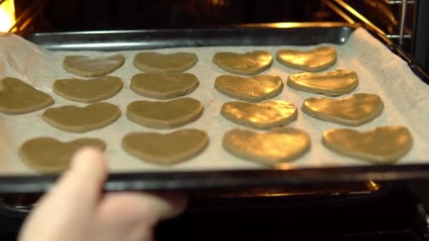 Las galletas en forma de corazón se colocan en el horno sobre una bandeja para hornear. Hacer galletas de chocolate para el día de San Valentín — Vídeos de Stock
