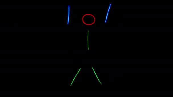 L'uomo al neon multicolore alza le mani e trema al buio. Tuta al neon stick — Video Stock