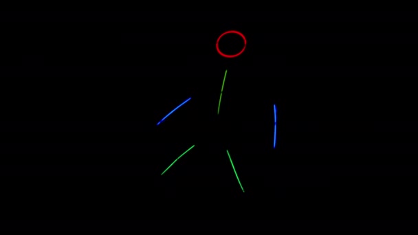 Karanlıkta atlayan çok renkli neon adam. Neon çubuk takım elbise — Stok video