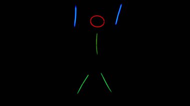 Çok renkli neon adam ellerini kaldırdı ve karanlıkta titriyor. Neon çubuk elbise 4k