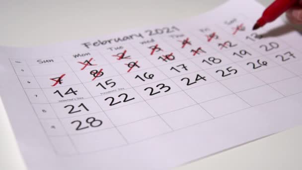 Dziewczyna skreśla dni kalendarza i kręgów 14 lutego. Walentynki — Wideo stockowe