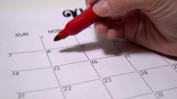 Девушка пишет в календаре 8 марта как женский день. Международный женский день — стоковое видео