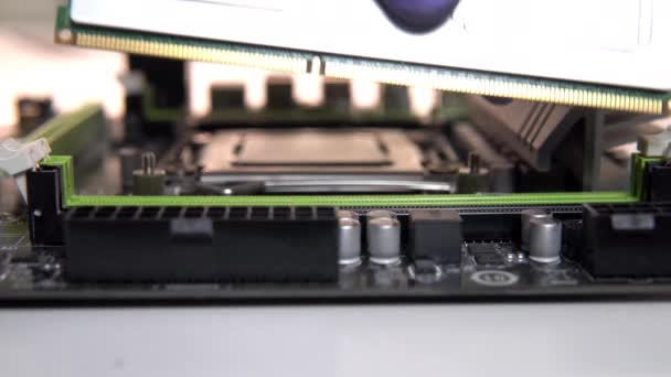 O técnico de reparação insere um stick RAM na tomada da placa-mãe. Manutenção e modernização de um computador pessoal — Vídeo de Stock
