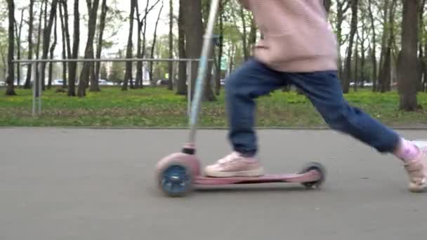 Parkta bir kız asfaltta üç tekerlekli scooter sürüyor. — Stok video