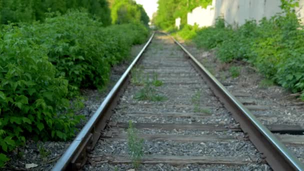 Uma menina com uma mochila caminha ao longo dos dormentes. Viaje em trilhos ferroviários. Velha via férrea — Vídeo de Stock