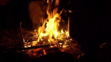 Gece ateşi. İnsanlar ateşin yanında karanlıkta oturur ve kendilerini ısıtırlar. Ateşin yanında kamp yapmak 4K