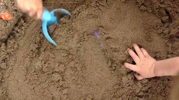 Los niños juegan en el arenero. Las manos de los niños sacan juguetes de la arena 4k — Vídeo de stock