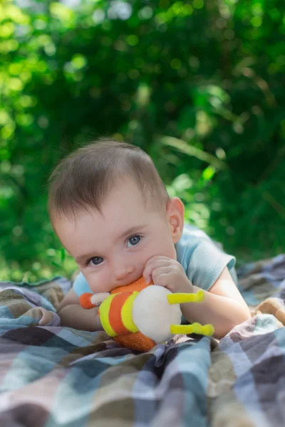 Baby van de schattige zes maanden op de deken in het park, kauwen oranje speelgoed voor tandjes — Stockfoto