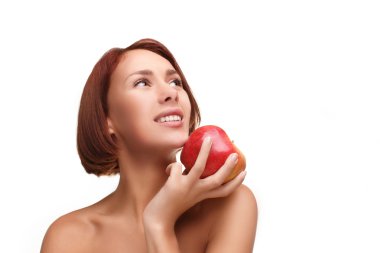 Genç beautifle gülümseyen kız onun elinde Kırmızı elma ile