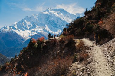 Ismarlayarak Annapurna dağ Nepal giden yolda. Annapurna yürüyüş yolu.