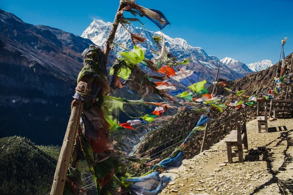 Banderas de mantras budistas, llamadas pulmón-ta en las montañas del Himalaya —  Fotos de Stock