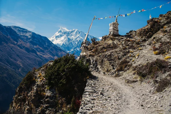 Lilla buddhister sten stupa och mantra flaggor, kallas lung-ta i Himalayas berg — Stockfoto